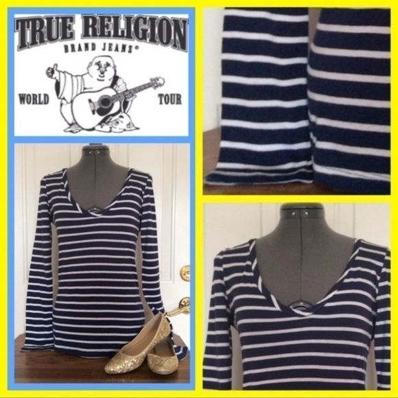 TRUE RELIGION Vintage “World Tour” Blue & Cream Stripe Long Sleeve Tee Size XS - Picture 3 of 9